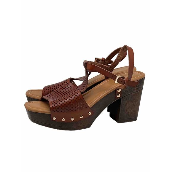 Comfort Perforated Slingback Studded Chunky Platform Mule Heel Brown Sz 11 NICE - Picture 1 of 8